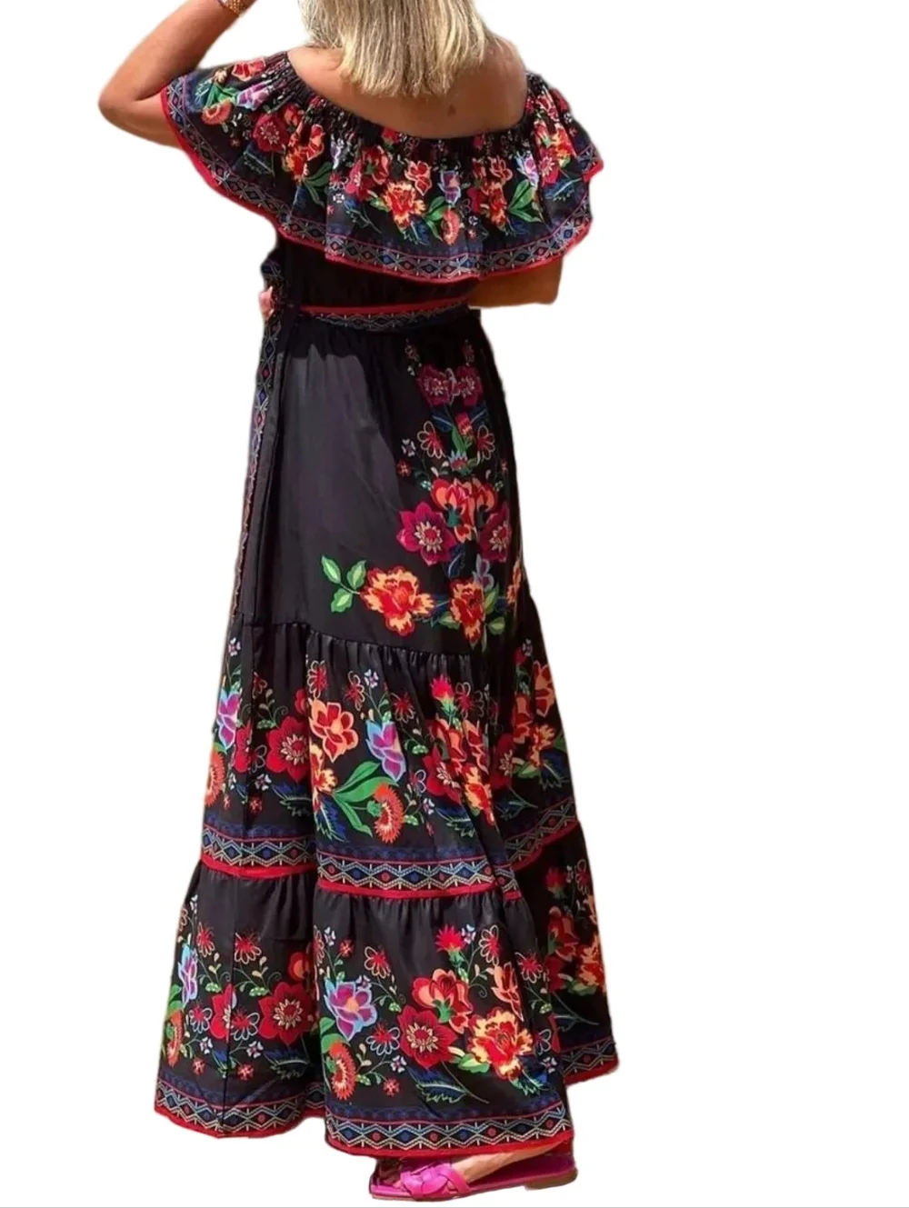 Floral Ruffle Off Shoulder Belted Elastic Waist Retro 70s Tiered Boho Maxi Dress - Picture 3 of 8